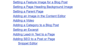 Screenshot of the table of contents from a wordpress user manual